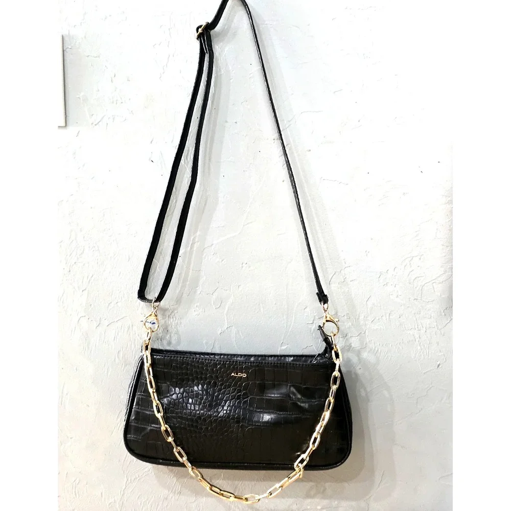 Elegant Aldo Shiny Black Mock Croc Shoulder Bag With Gold Chain Strap Date Night